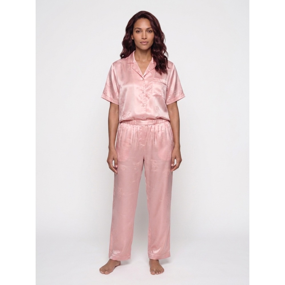 Nordstrom Lingerie Pink Satin Pajama Set Short Sleeve Pants Size L